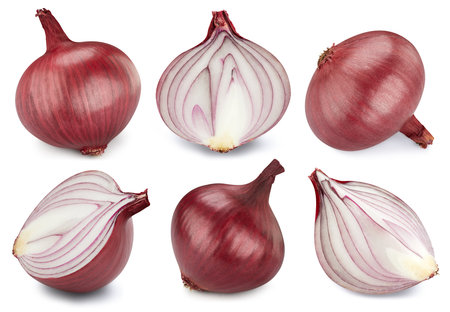 Ripe whole onion vegetable and half isolated on white background  . Onion vegetable set macro studio photoの写真素材