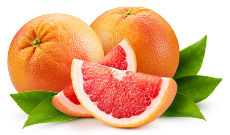 Grapefruit with leaves . Fresh organic grapefruit isolated on white background. Grapefruit macroの写真素材