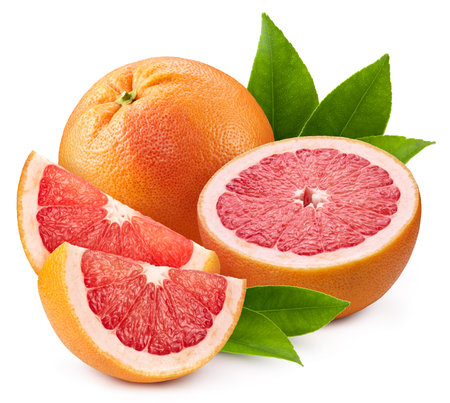 Grapefruit with leaves  . Fresh organic grapefruit isolated on white background. Grapefruit macroの写真素材