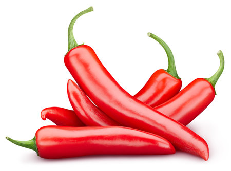 Ripe chili peppers vegetables. Hot chili full macro shoot vegetables healthy food ingredient. Organic fresh peppers isolated on white. Professional studio macro shootingの写真素材