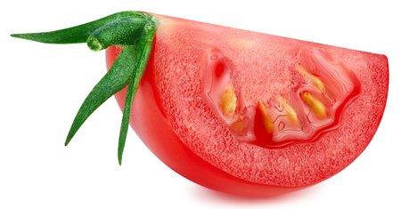 One ripe tomato slice. Organic fresh tomato isolated on white.の写真素材
