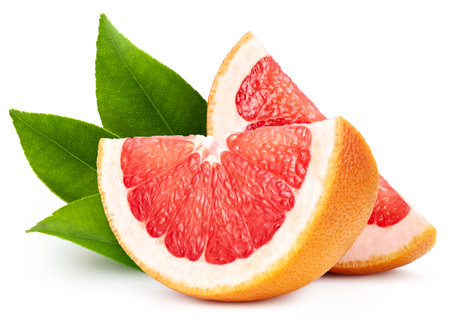 Organic grapefruit isolated on white background. Taste grapefruit with leaf.の写真素材