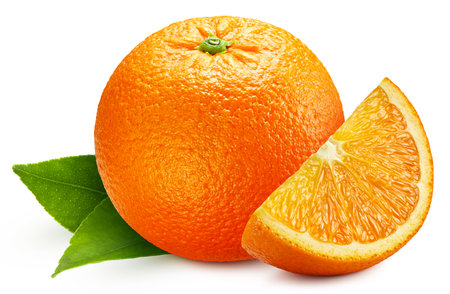 Ripe whole orange fruit with green leaf and slice isolated on white background.の写真素材