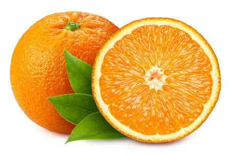 Ripe orange fruit. Orange full macro shoot fruit healthy food ingredient. Organic fresh orange isolated on white. Professional studio macro shootingの写真素材
