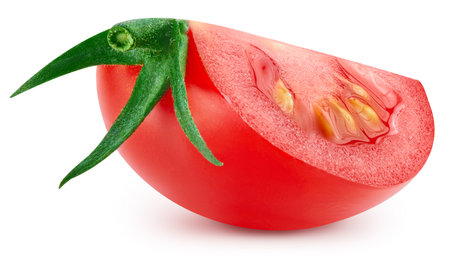 One ripe tomato slice  . Organic fresh tomato isolated on white.の写真素材