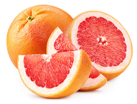 Grapefruit isolated on white background. Grapefruit half macro studio photo.の写真素材