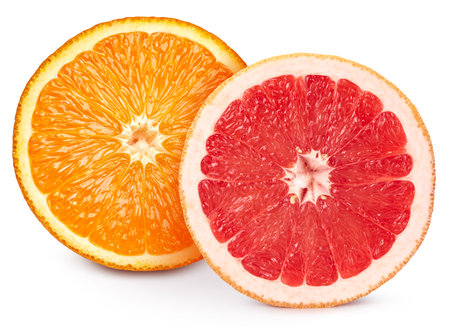 Fresh organic orange and grapefruit half. Citrus  isolated on a white background.の写真素材