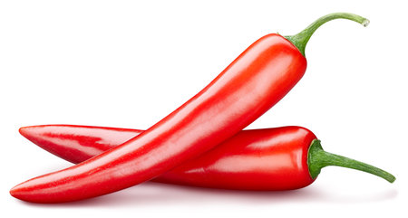 Chili peppers. Ripe whole chili vegetable isolated on white background with clipping path. Chili hot peppers macro studio photoの写真素材