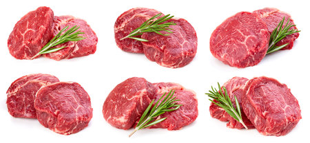 Raw beef meat isolated on white background. Collection beef fillet slice.の写真素材