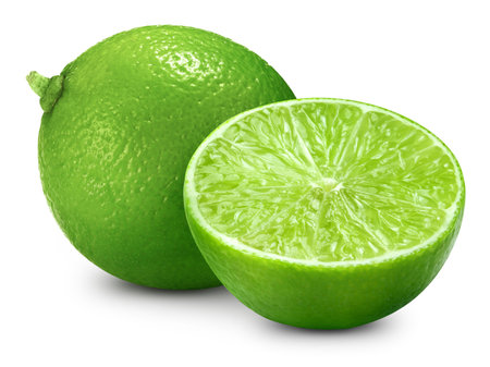 Lime isolated on white background. Lime citrus fruit clipping path. Lime half macro studio photoの写真素材