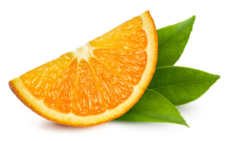Organic orange slice isolated on white background. Taste orange with leaf. Full depth of fieldの写真素材