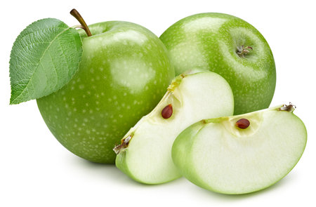Two green apple and slices with green leaf. Organic fresh apple isolated on white. Full depth of fieldの写真素材