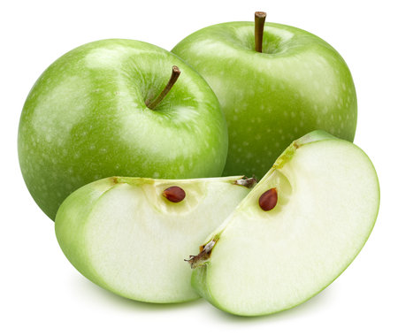 Two green apples with two slice.の写真素材