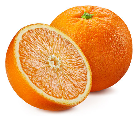 Orange Clipping Path. Ripe whole orange fruit and half isolated on white backgroundの写真素材