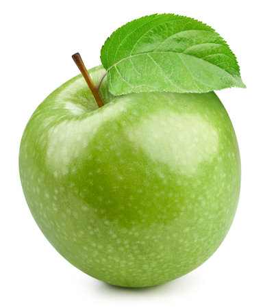 Green apple. Fresh organic green apple with leaves isolated on white background.の写真素材