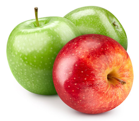 Three red and green apples. Fresh organic apple isolated on white background.の写真素材