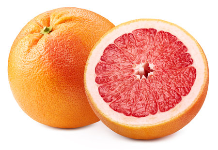 Red grapefruit half isolated on white background.の写真素材