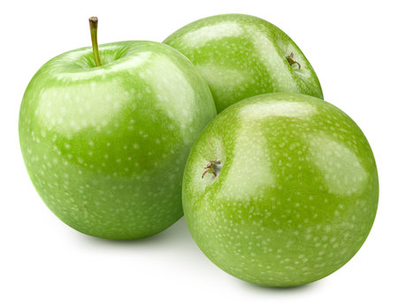 Three ripe green apples on a white background.の写真素材