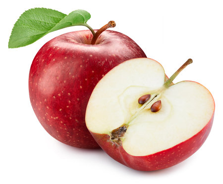 Red apple and half isolated on white background. Ripe delicious apple with clipping path.の写真素材