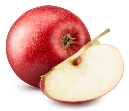 Organic fresh apple isolated on white. Ripe red apple with green leaf. Full depth of fieldの写真素材