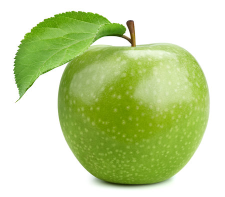One ripe green apple decorated with leaves. Organic apple fruit isolated on white background.の写真素材