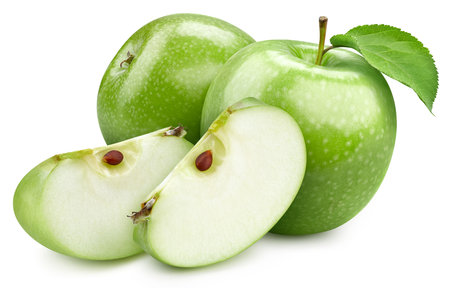 Two whole ripe green apples with slice. Green apples with leaves.の写真素材