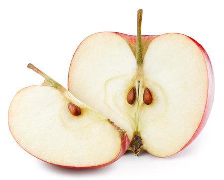 Half a red apple with a slice. Apple isolated on white background.の写真素材