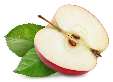 Ripe perfect apple half with leaves isolated on white.の写真素材