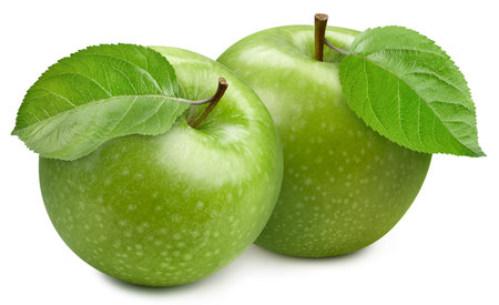 Two ripe perfect apple with leaves isolated on white.の写真素材