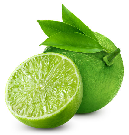Green lime. Fresh organic lime with leaves isolated on white background.の写真素材