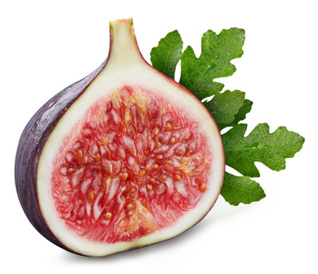 Fig Clipping Path. Ripe fig fruit with green leaf isolated on white background. Fig fruit set macro studio photoの写真素材