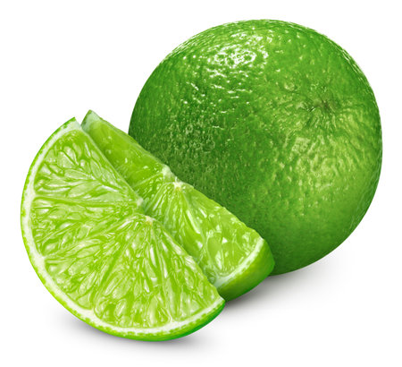 Lime isolated on white background. Lime fruit path. Lime slice macro studio photoの写真素材