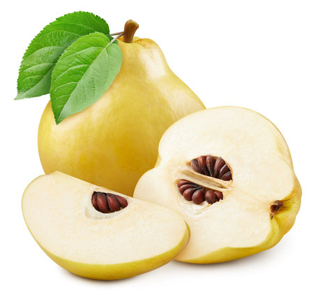 Quince. Ripe quince fruit with green leaf isolated on white background . Quince fruit set macro studio photoの写真素材