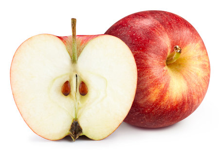 Whole red apple and a half. Apple isolated on white background. Apple macroの写真素材