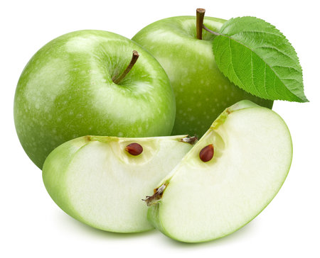 Two green apple and slice with green leaf  . Organic fresh apple isolated on white. Full depth of fieldの写真素材