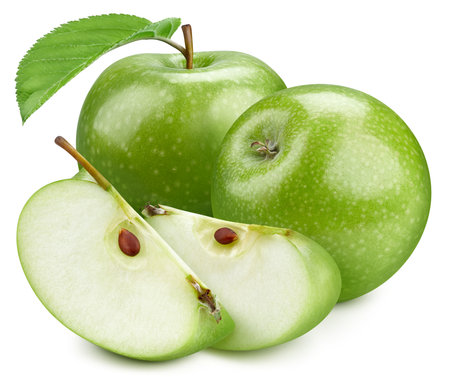 Two green apples with and slice with a leaf.  Professional studio macro shootingの写真素材