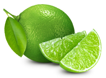 Lime. Fresh organic lime with leaves isolated on white background. Lime macroの写真素材