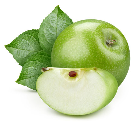 Green apple. Fresh organic apple with leaves isolated on white background. Appleの写真素材