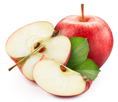 Apple fruit slices and apple leaves isolated white. Apple. Apple macroの写真素材