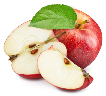 Red apple and half isolated on white background. Apple with leaves. Apple macroの写真素材