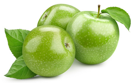 Three whole apples isolated on white background. Organic fresh apples isolated on white. Full depth of fieldの写真素材