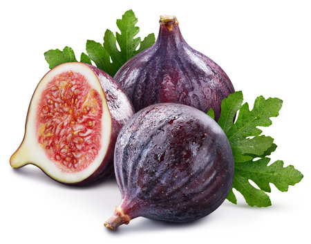 Organic fig with leaves isolated on white background. Fig. Fresh fruits isolated on white backgroundの写真素材