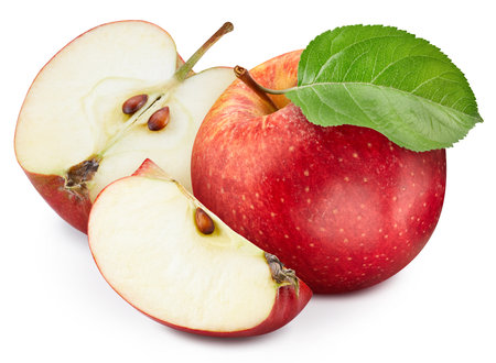 Organic red apple with leaves isolated on white background. Apple. Fresh fruits isolated on white backgroundの写真素材