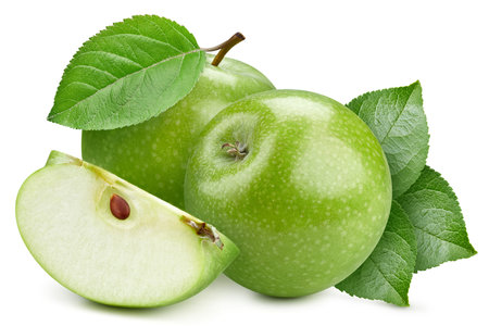Green apple with leaves. Apple isolated on white background. Apple macroの写真素材