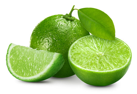 Ripe lime with green leaves isolated on white background. Lime. Lime stack full depth of field macro shot. High End Retouchingの写真素材