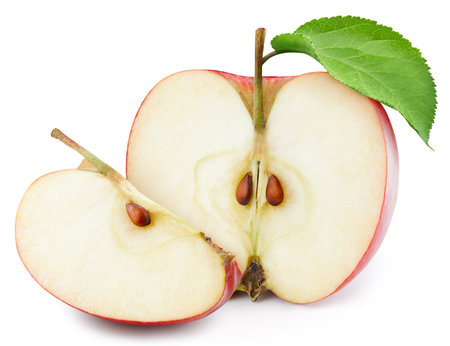 Ripe Red Apple with green leaves isolated on white background. Apple. Apple stack full depth of field macro shot. High End Retouchingの写真素材