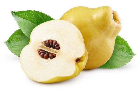 Ripe quince with green leaves isolated on white background. Quince stack full depth of field macro shot. High End Retouchingの写真素材