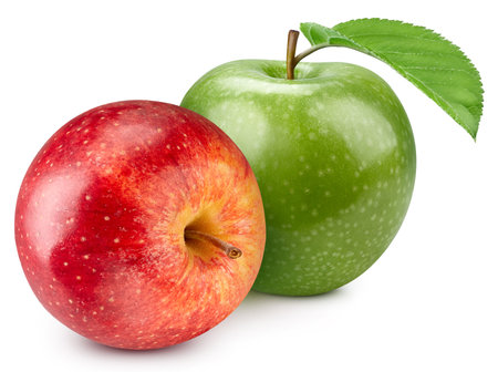 Ripe Apple with green leaves isolated on white background.の写真素材