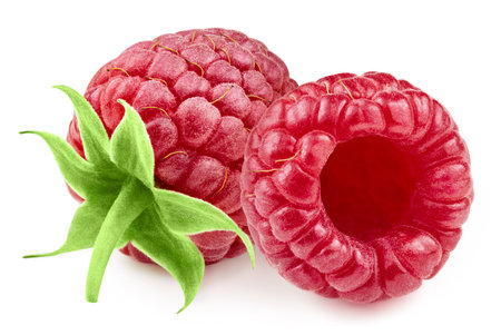 Organic fresh raspberries isolated on white. Full depth of field. Raspberriesの写真素材
