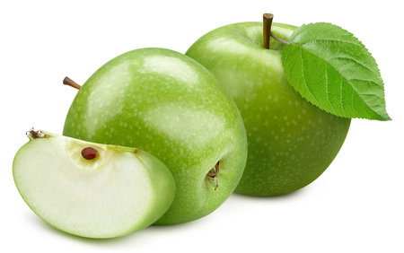 Green apple. Apple with leaves isolated on white. Apple path. Fresh fruits isolated on white backgroundの写真素材